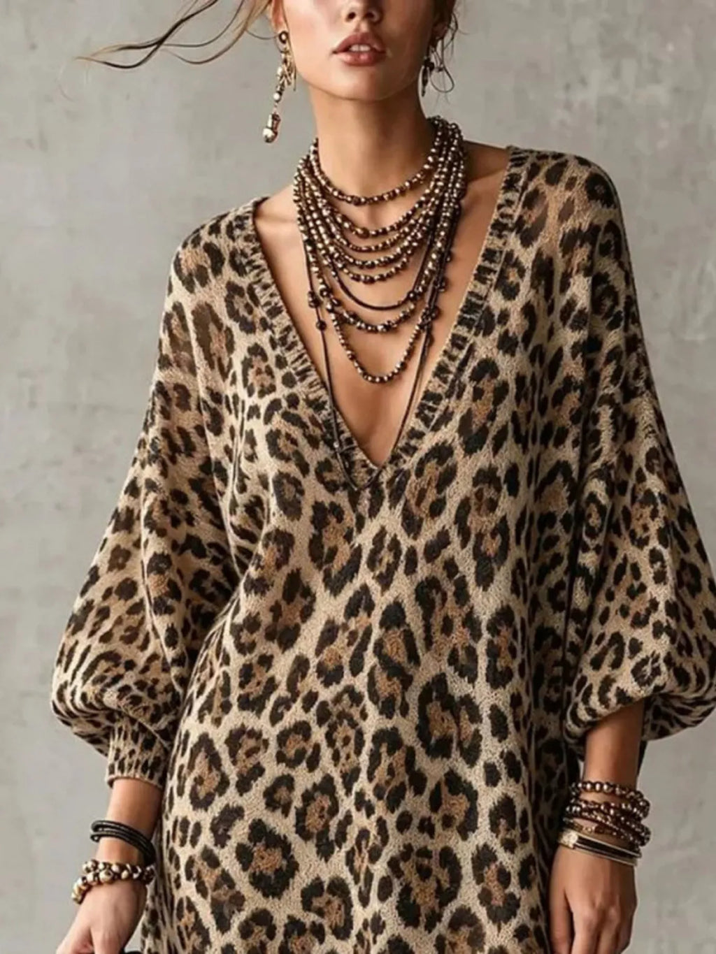 Leopard Print V-Neck Dress with Lace Hem