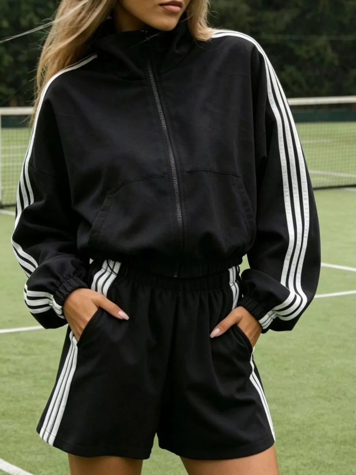 Side Stripe Detail Cropped Sporty Jacket and Shorts Set