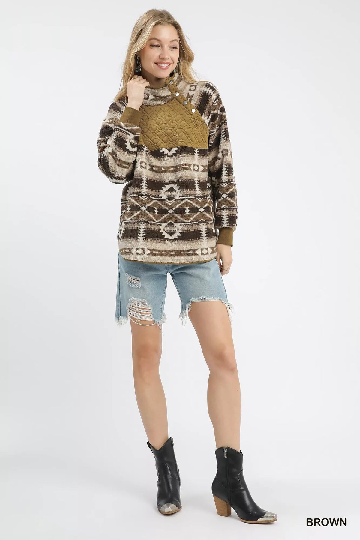 Umgee Aztec Print Sherpa Pullover