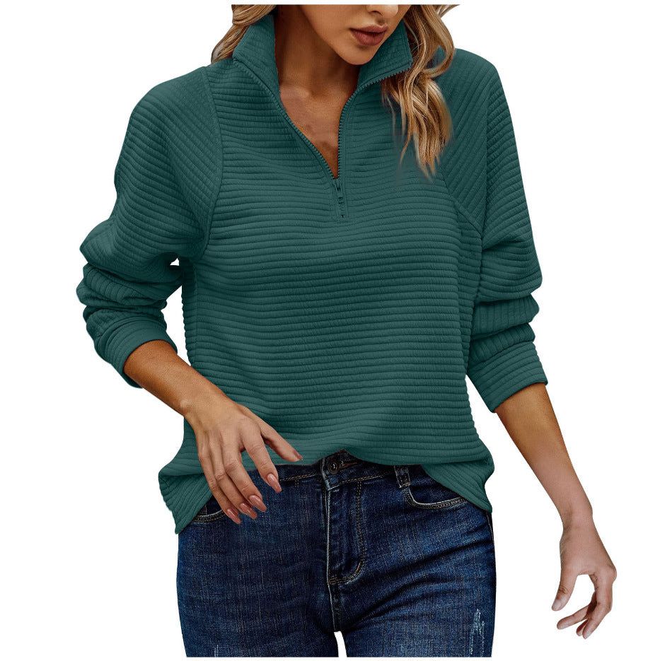 Autumn And Winter New Cross-Border European And American Amazon Comfortable Loose Snake Bone Pattern Solid Color Stand Collar Zipper Sweatshirt