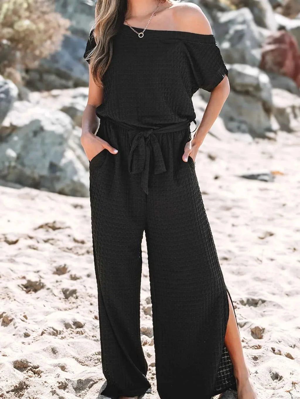 One-Shoulder Short Sleeve Knotted Waist Jumpsuit