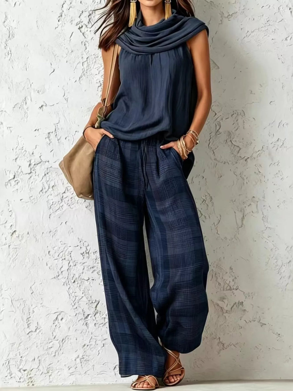 Full Size Sleeveless Cowl Neck Top and Plaid Wide-Leg Pant Two-Piece Set Plus Size