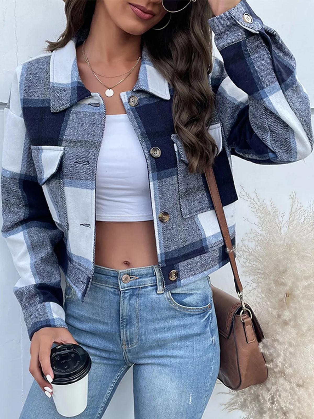 Plaid Button-Front Cropped Jacket
