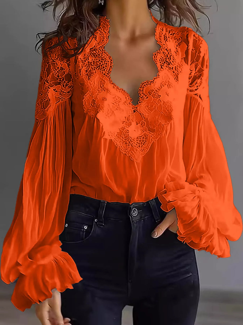 Full Size Lace V-Neck Flounce Sleeve Blouse Plus Size