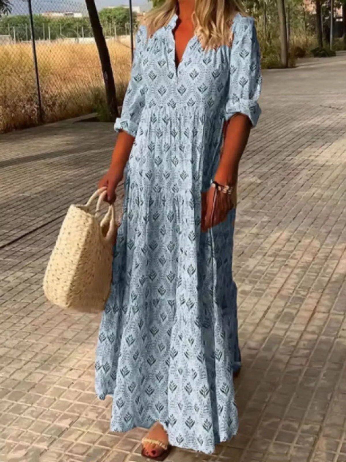 Full Size Printed Notched Tiered Maxi Dress Plus Size