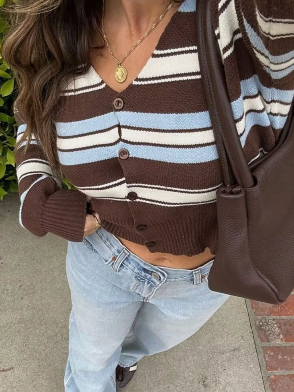 Striped V-Neck Button-Down Cardigan