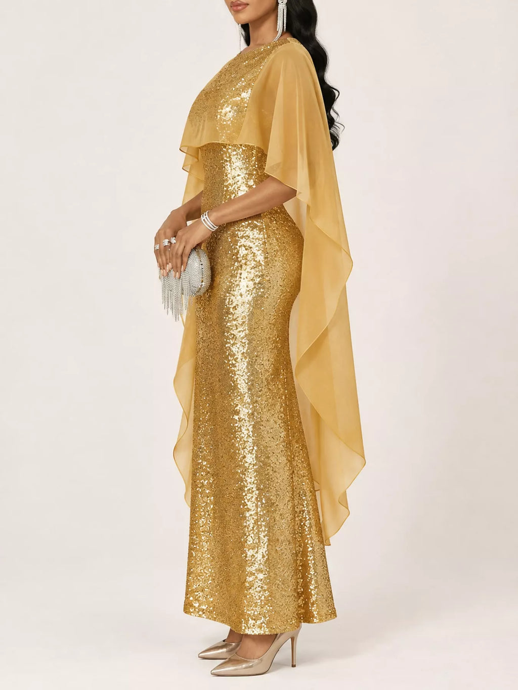 Sequin Cape Overlay Evening Dress