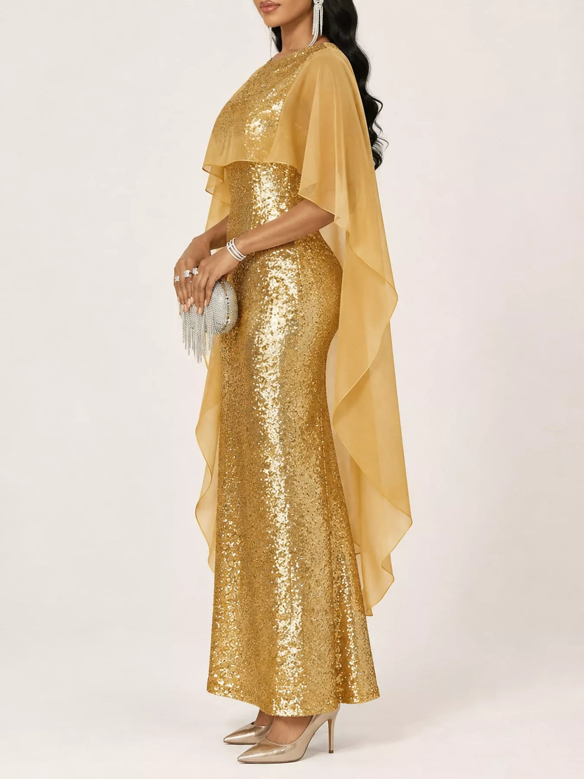 Sequin Cape Overlay Evening Dress