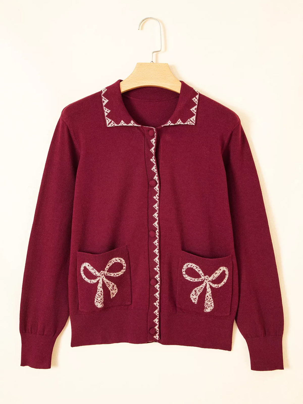 Bow Pocket Collar Long Sleeve Knit Cardigan