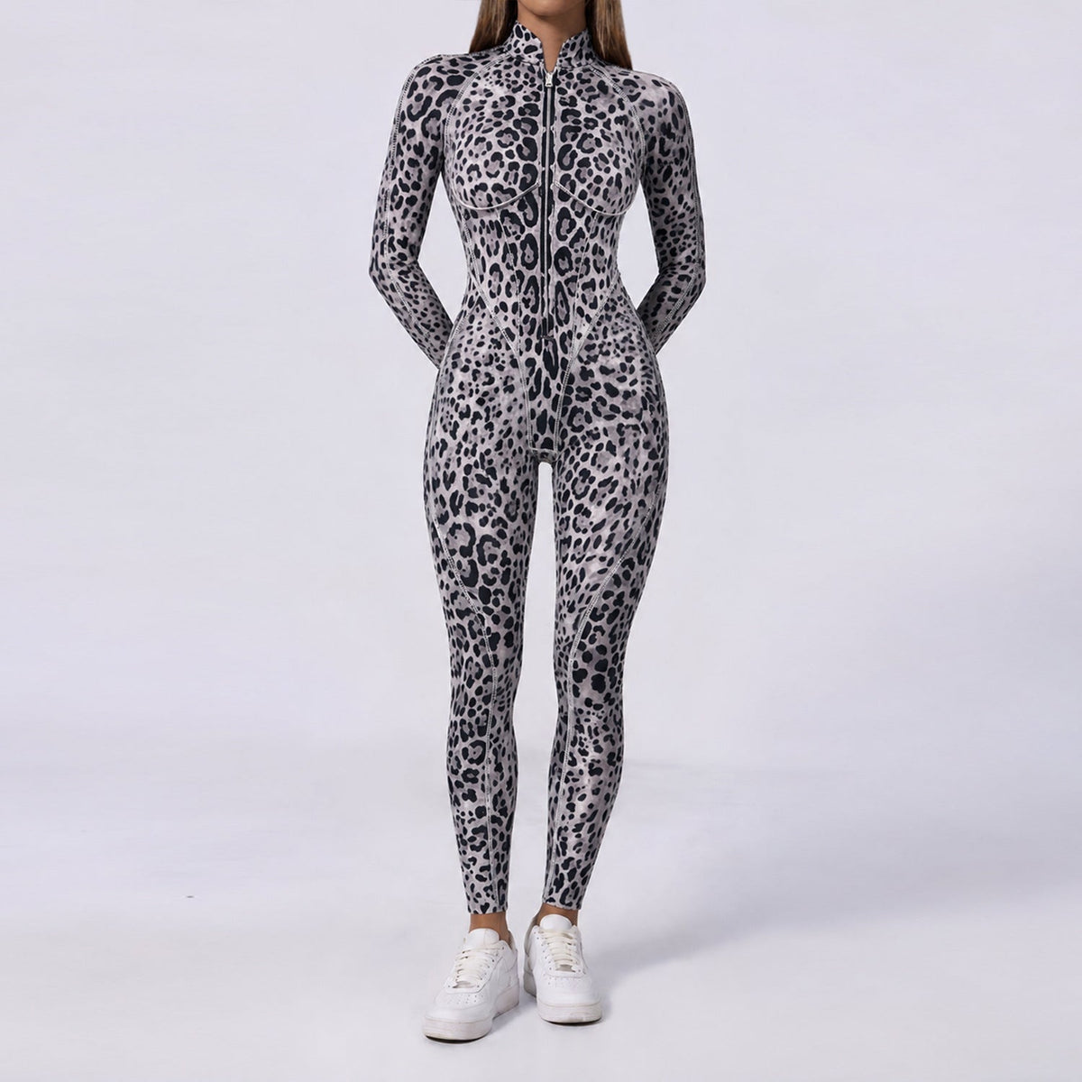 Trendy Leopard-Print Half-Zip Stand-Neck Long-Sleeve Womens Jumpsuit