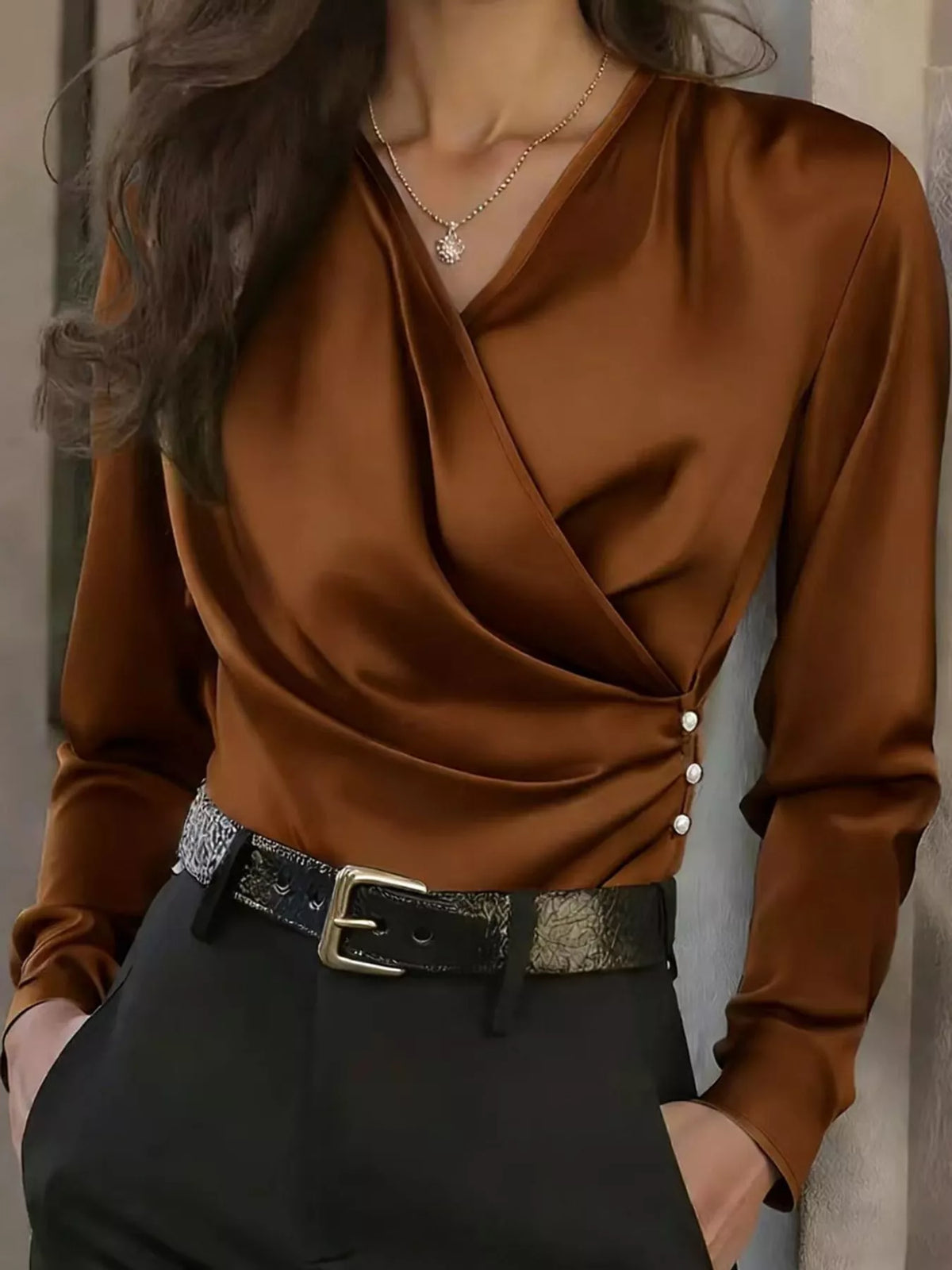 Satin Surplice Long Sleeve Blouse