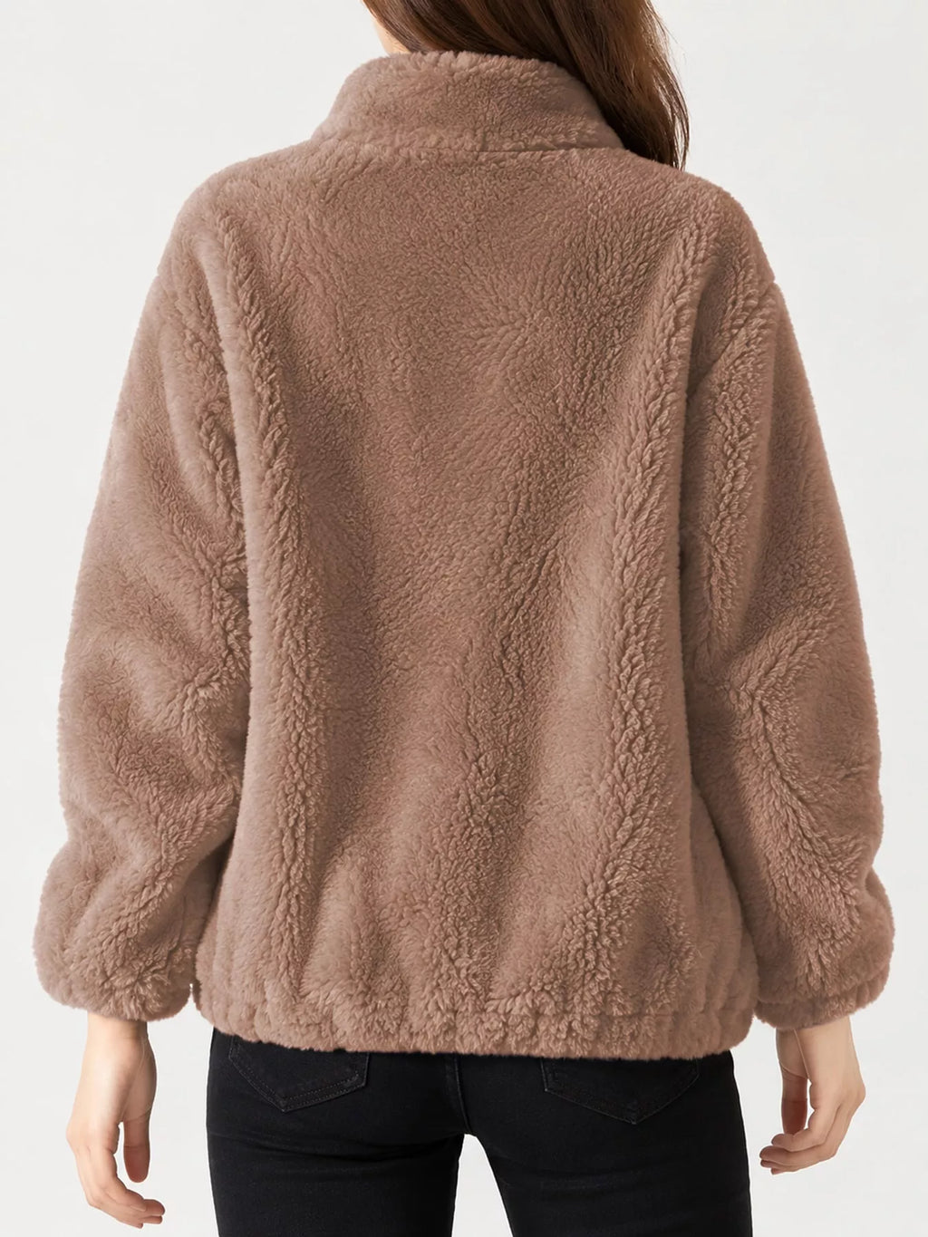 Full Size Drawstring Faux Fur Stand-Collar Zip-Up Outerwear Plus Size