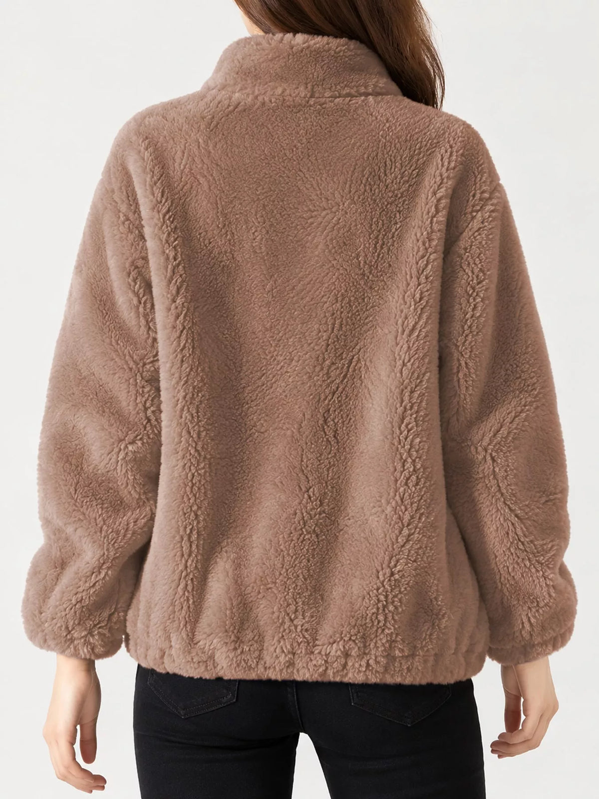 Full Size Drawstring Faux Fur Stand-Collar Zip-Up Outerwear Plus Size