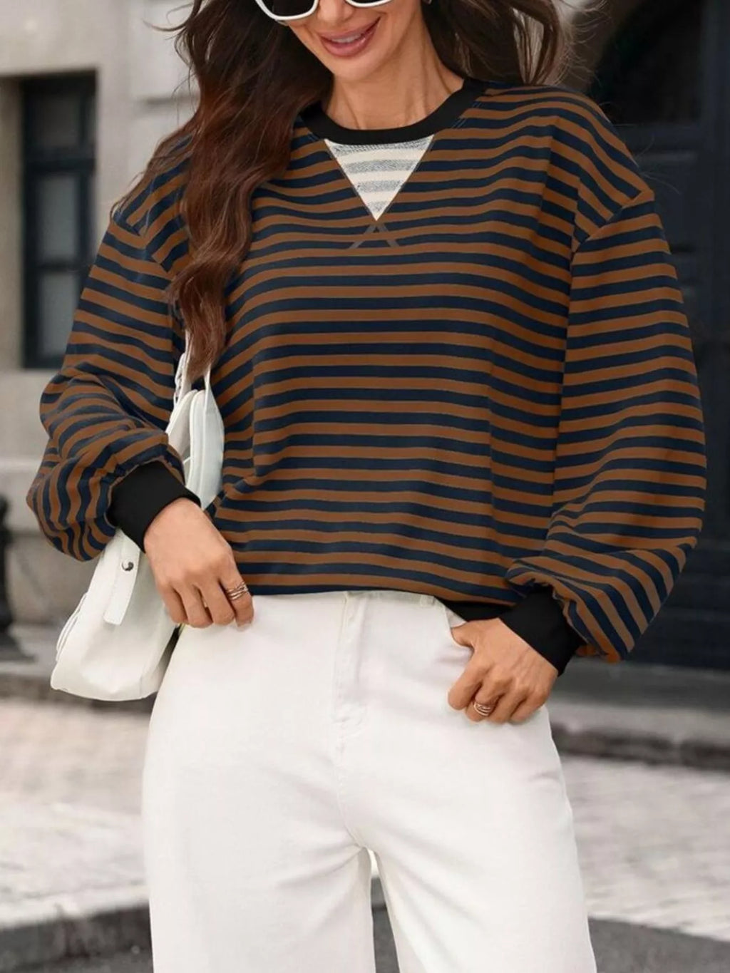 Contrast Trim Striped Crew Neck Sweatshirt