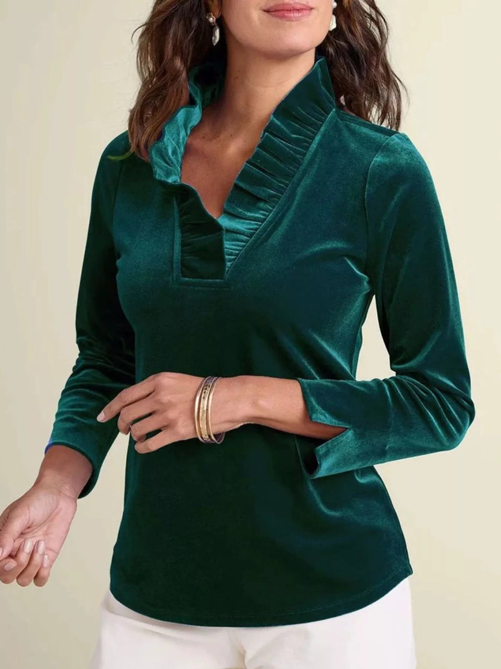 Velvet Long Sleeve Blouse with Ruffled V-Neck