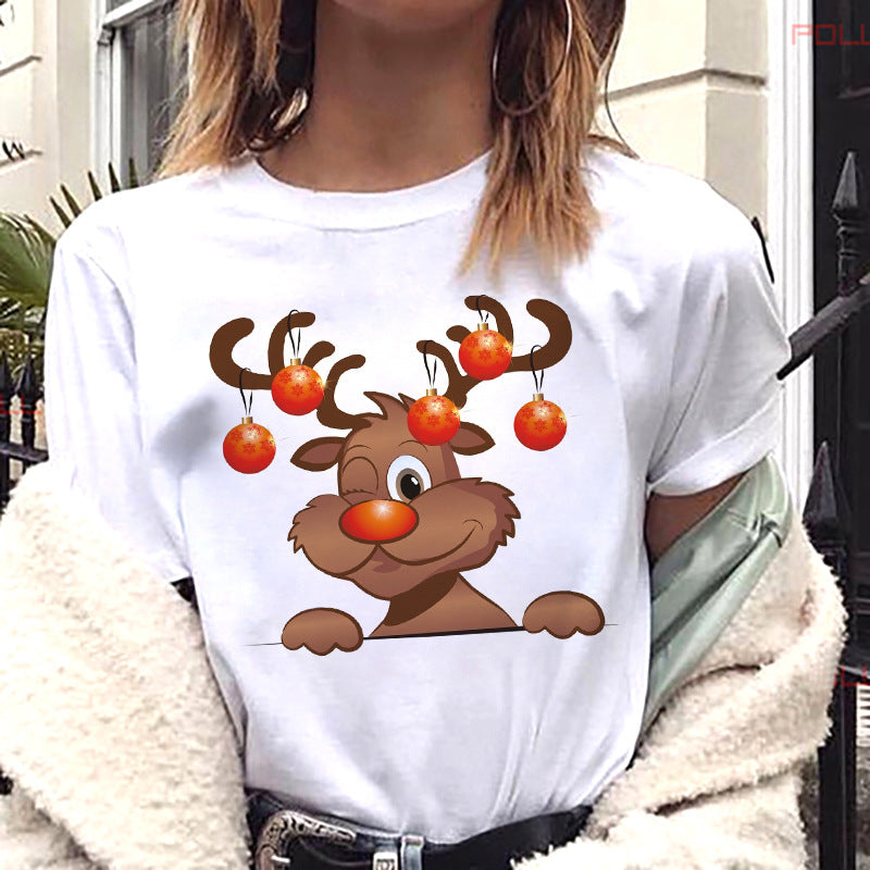 European And American Women's Clothing Merry Christmas Happy Short-sleeved T-shirt Women's Top Women's Round Neck
