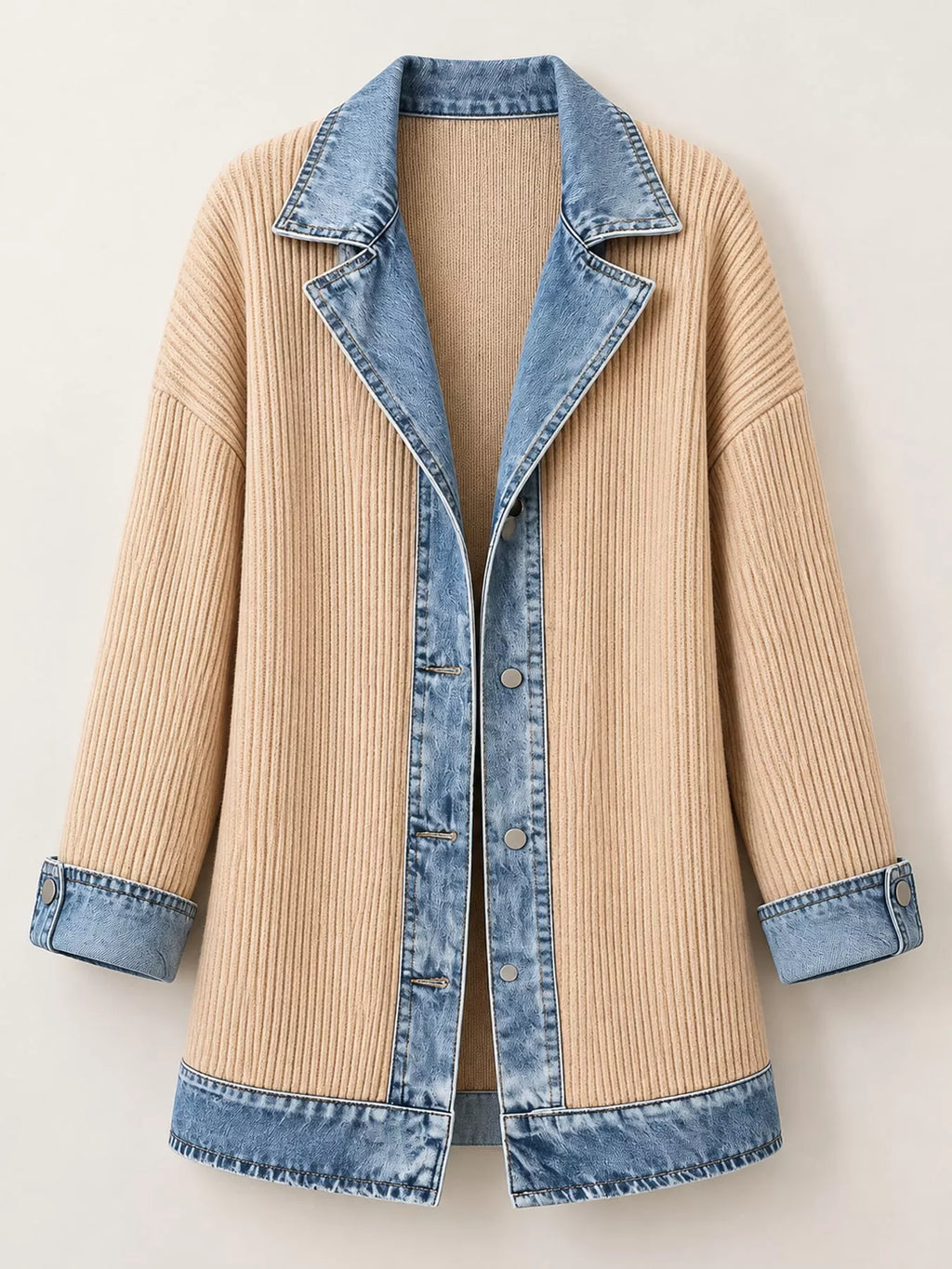 Full Size Denim Trim Ribbed Knit Cardigan Plus Size