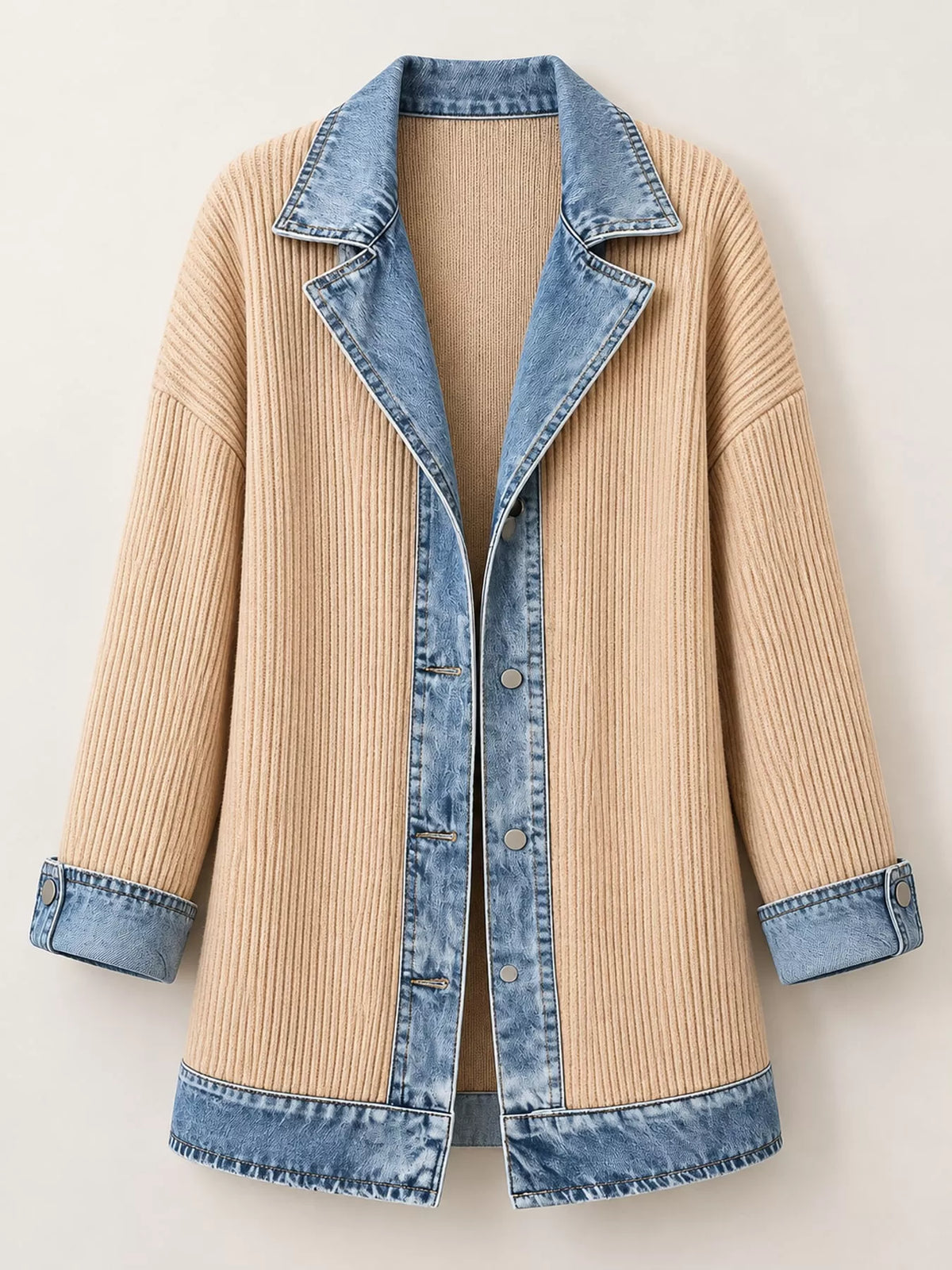 Full Size Denim Trim Ribbed Knit Cardigan Plus Size