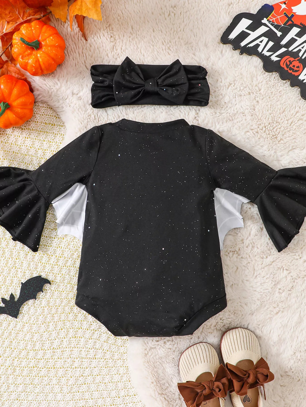 Children's Halloween Spiderweb Print Long Sleeve Bodysuit and Bow Headband Set