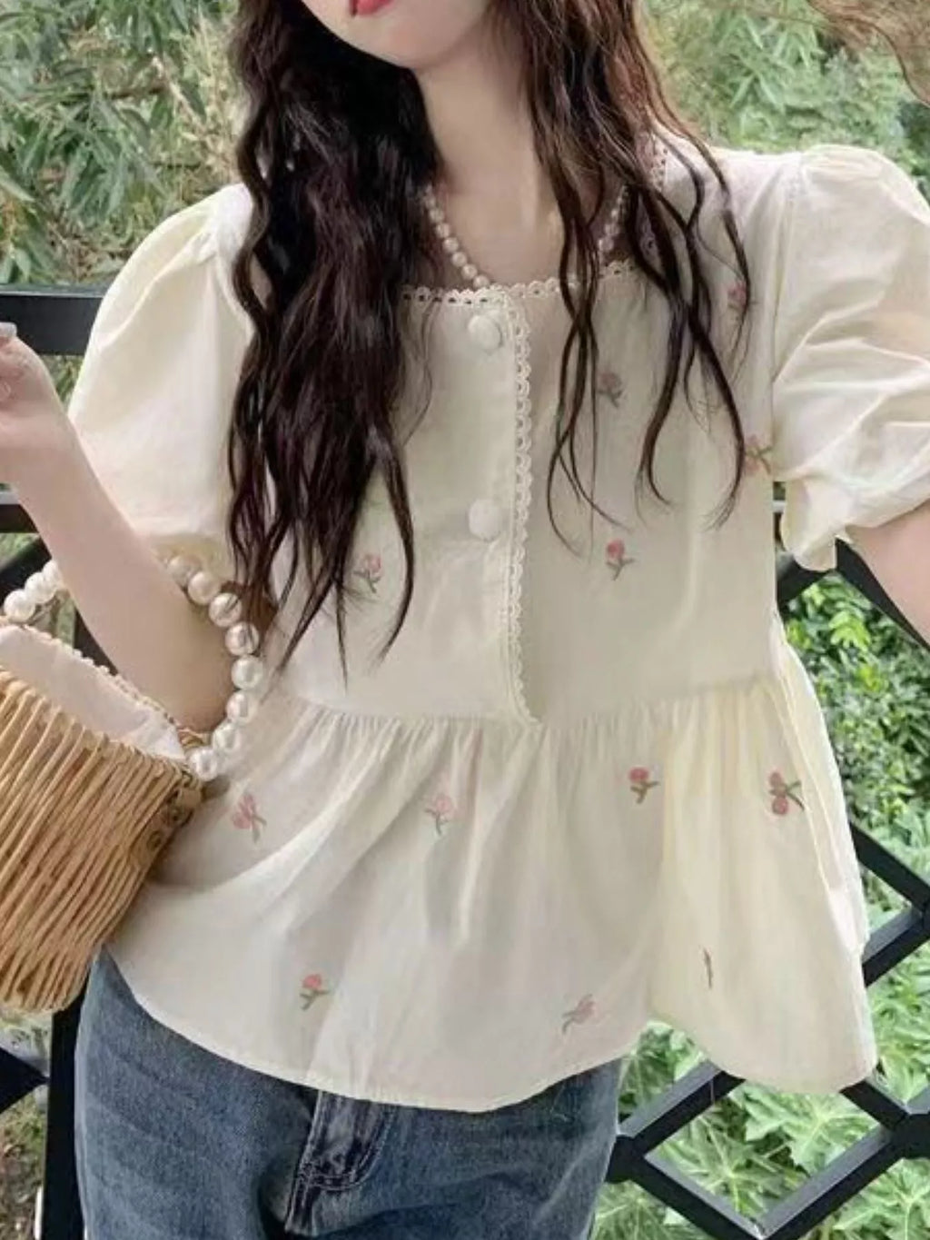 Floral Embroidered Puff Sleeve Peplum Blouse