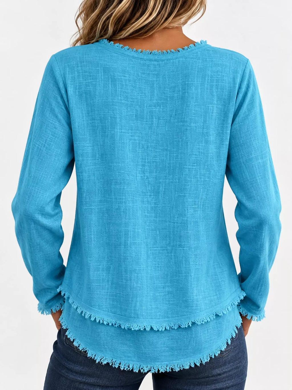 Full Size Frayed Hem V-Neck Long Sleeve Blouse Plus Size