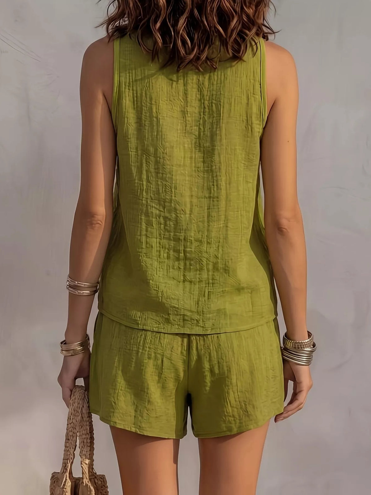V-Neck Tank & Button-Down Shirt and Shorts Set
