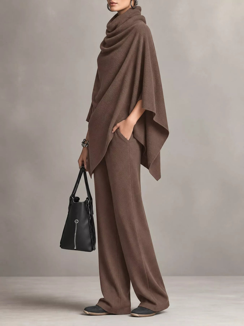 Full Size Turtleneck Poncho and Wide-Leg Pants Set Plus Size