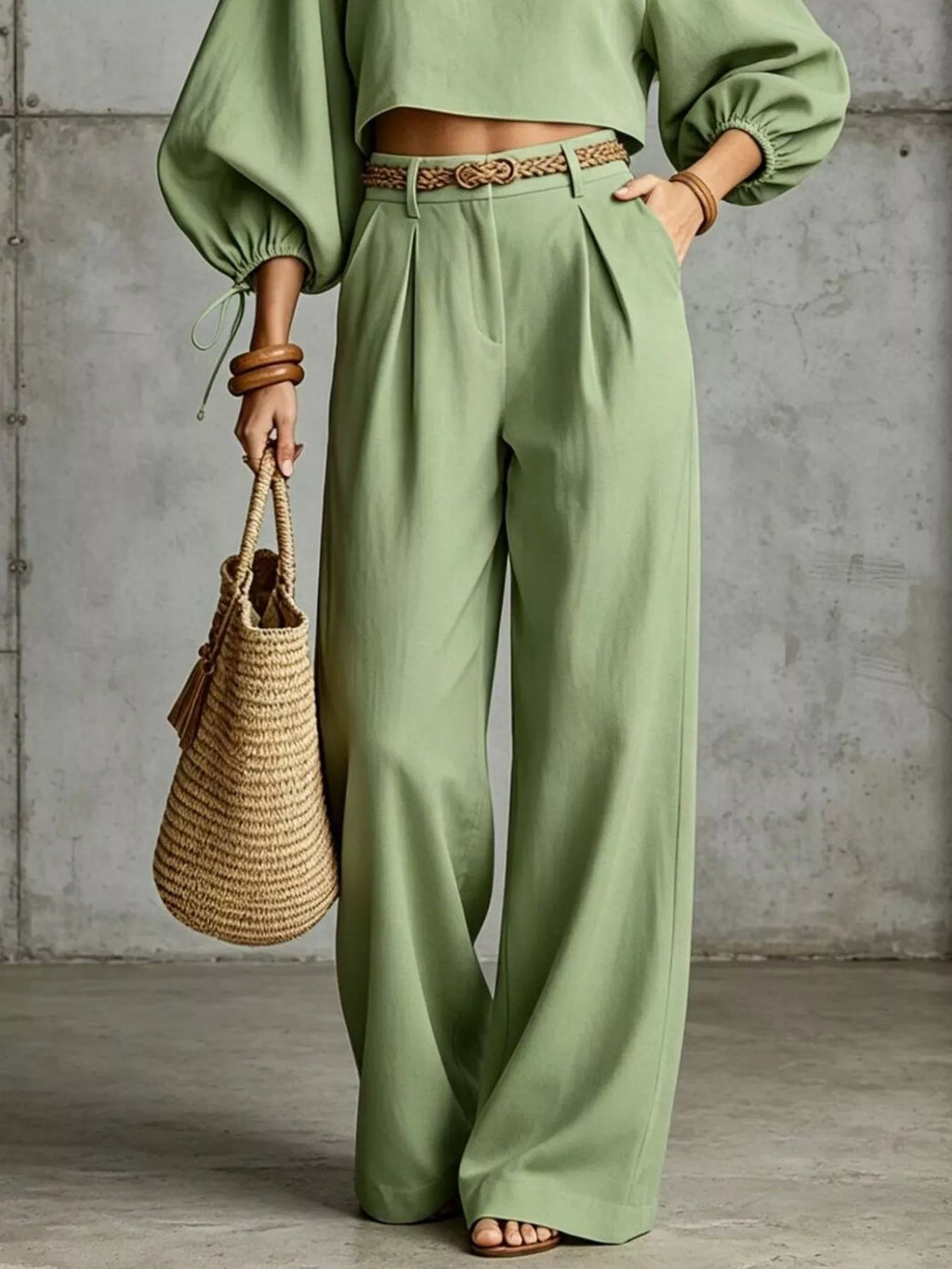 Balloon Sleeve Crop Top and Wide-Leg Pants Set