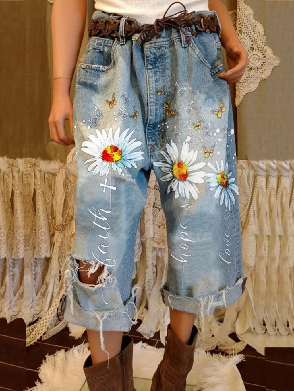 Full Size Floral Distressed Cropped Jeans Plus Size