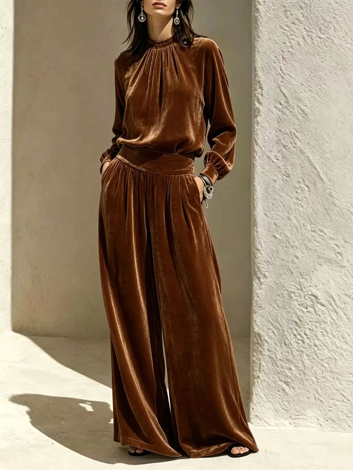 Velvet Mock Neck Long Sleeve Top and Wide-Leg Pants Set