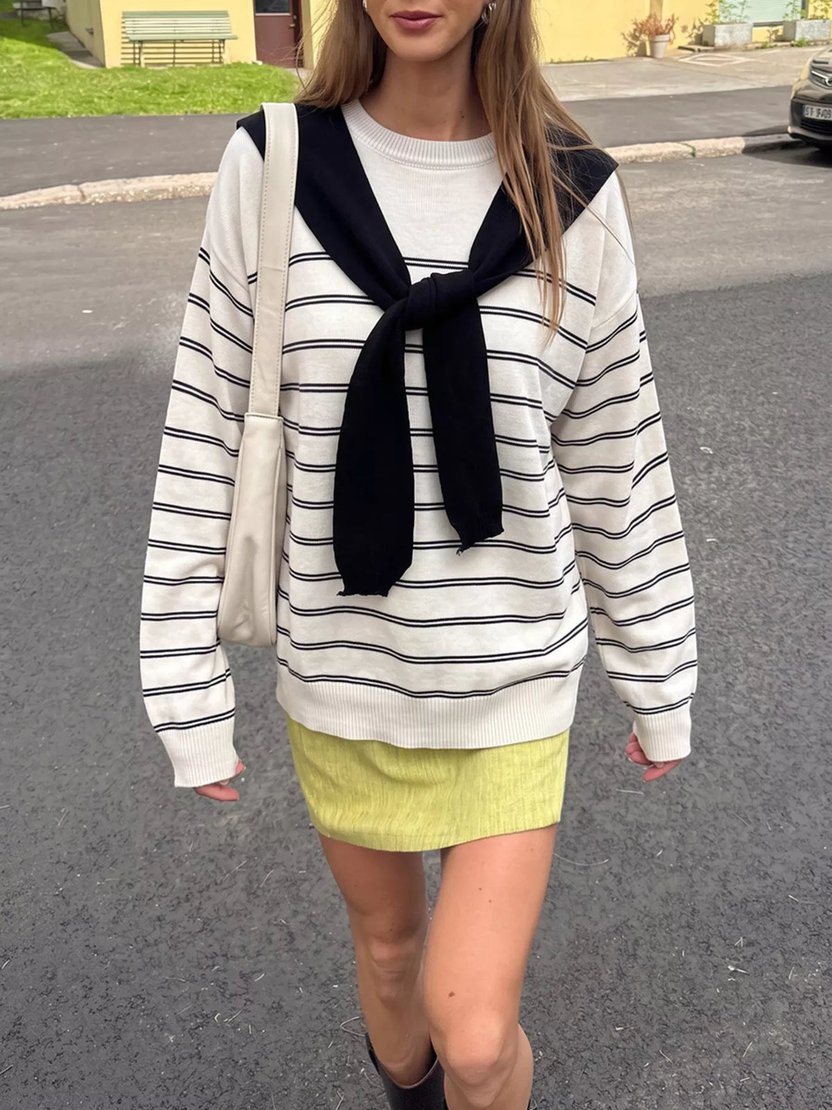 Classic Striped Crewneck Knit Top with Layered Sweater Detail