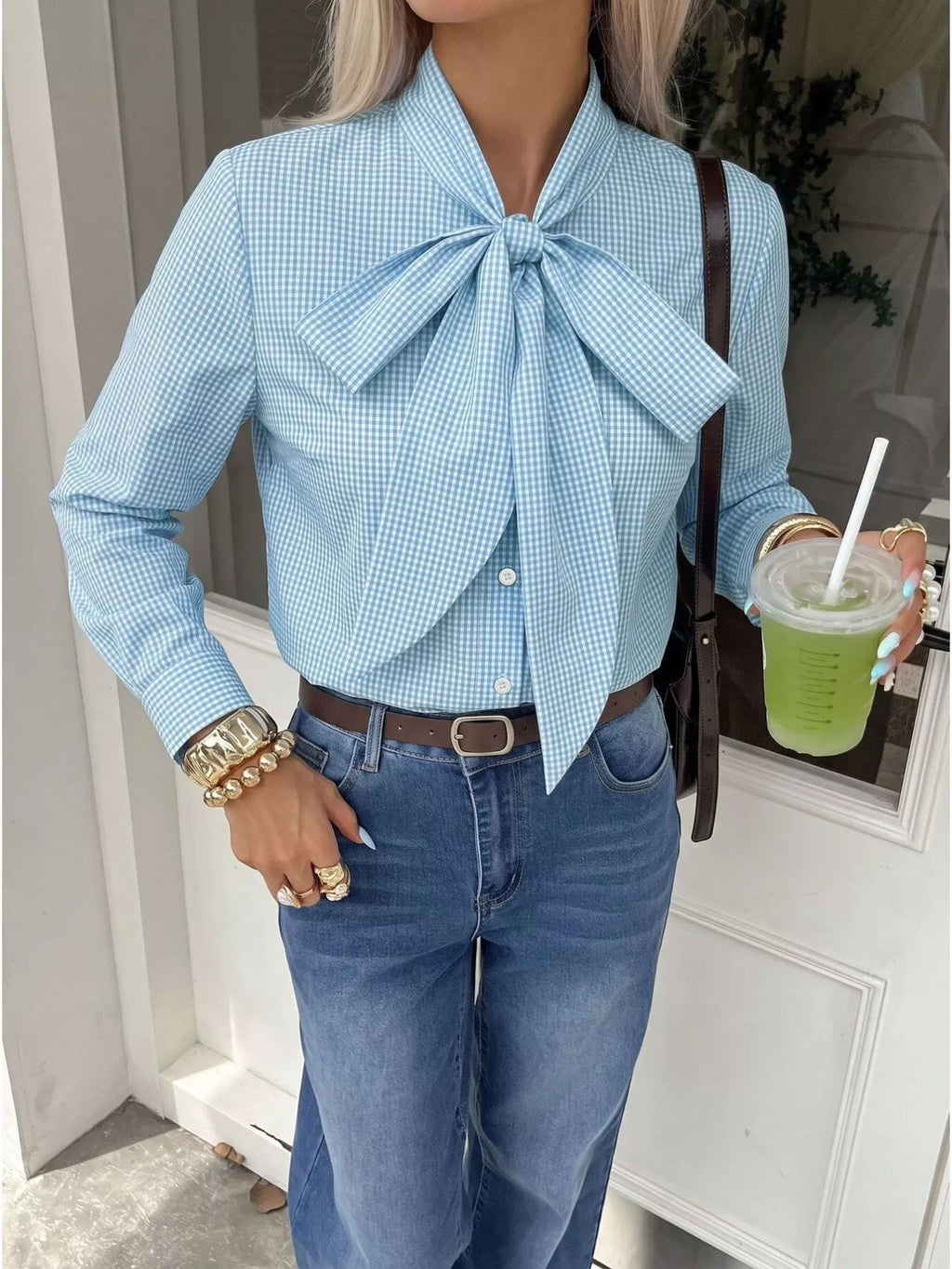 Gingham Bow-Tie Neck Long Sleeve Shirt