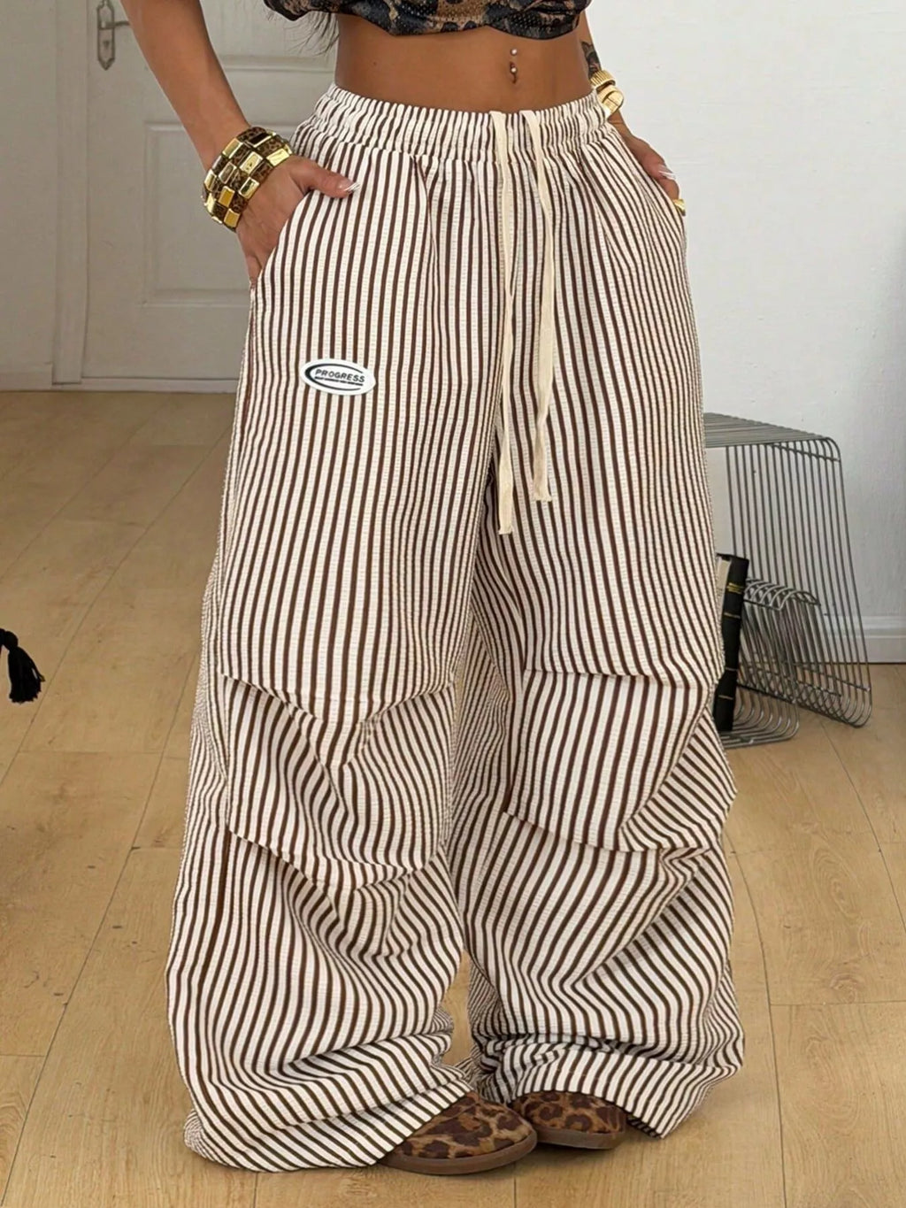 High-Waisted Striped Wide-Leg Cargo Pants with Drawstring