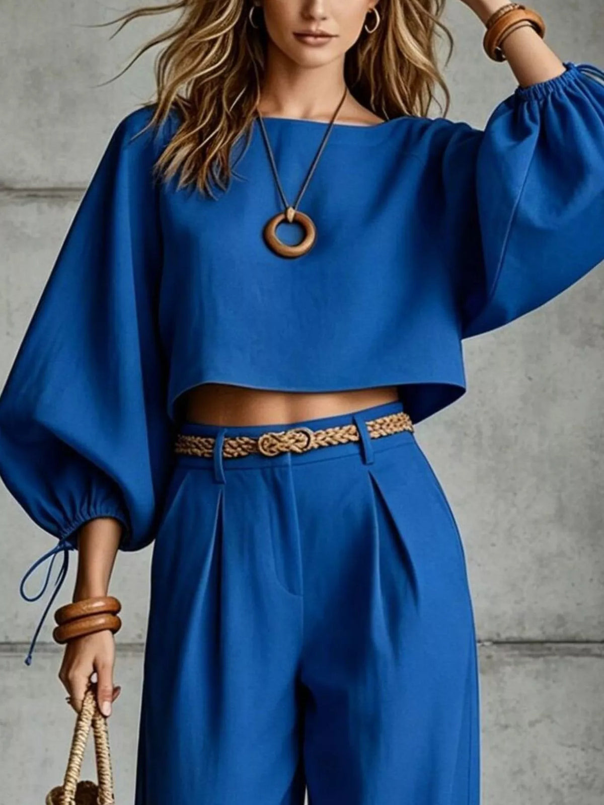 Balloon Sleeve Crop Top and Wide-Leg Pants Set