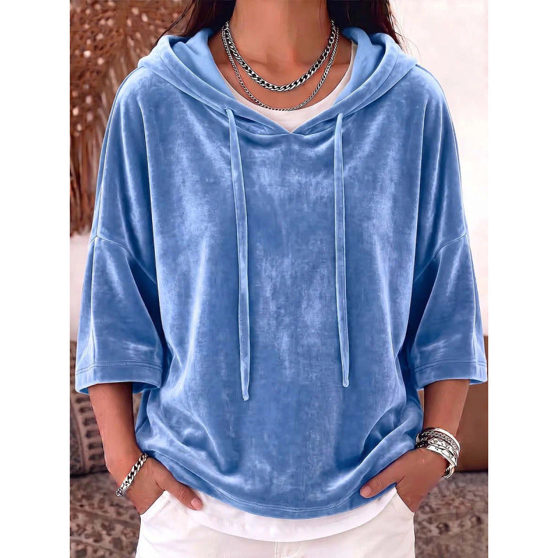 Solid-color Drawstring Three-quarter-sleeve Velvet Hoodie