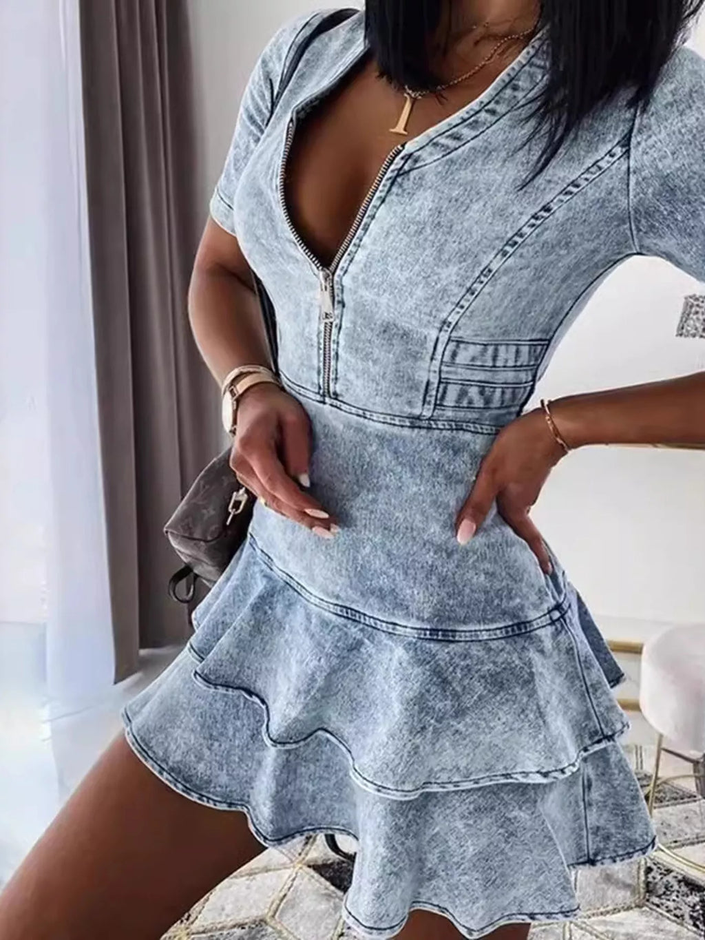 Front Zipper Ruffled Layered Denim Dress