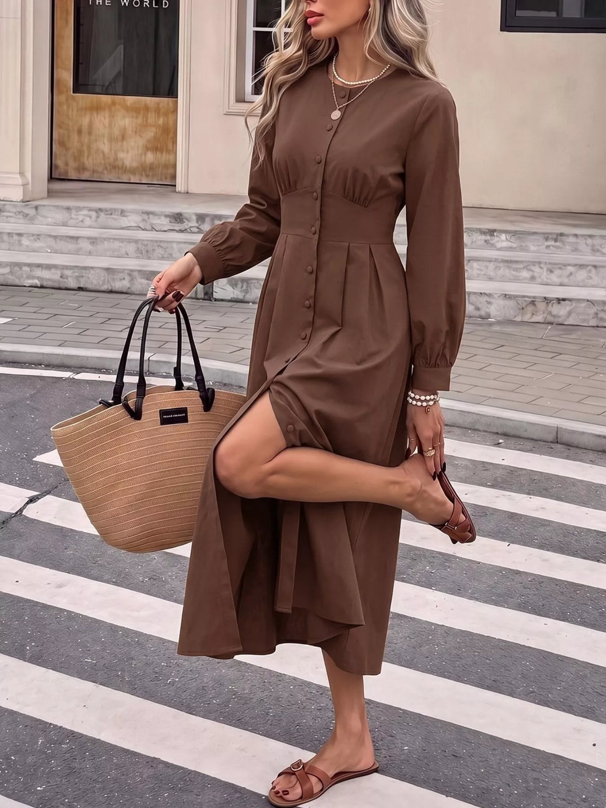 Button-Down Long Sleeve Midi Dress