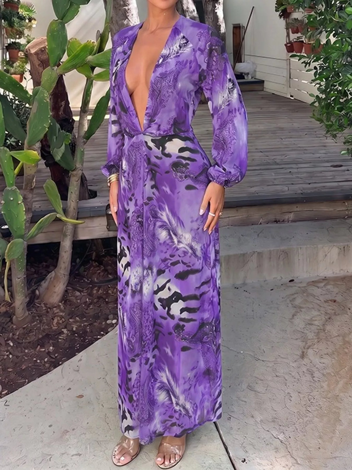 Deep V-Neck Long Sleeve Printed Maxi Dress
