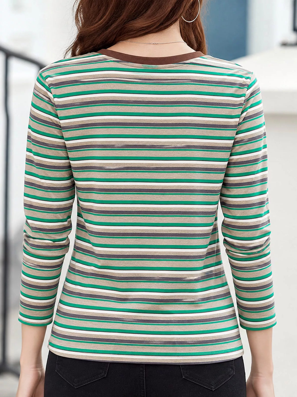 Full Size Long Sleeve Striped Crew Neck Casual T-Shirt Plus Size