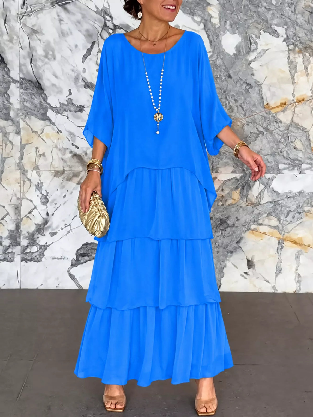 Full Size Layered Batwing Sleeve Maxi Dress Plus Size