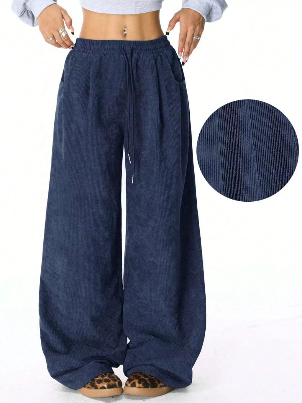 Wide Leg Corduroy Drawstring Pants