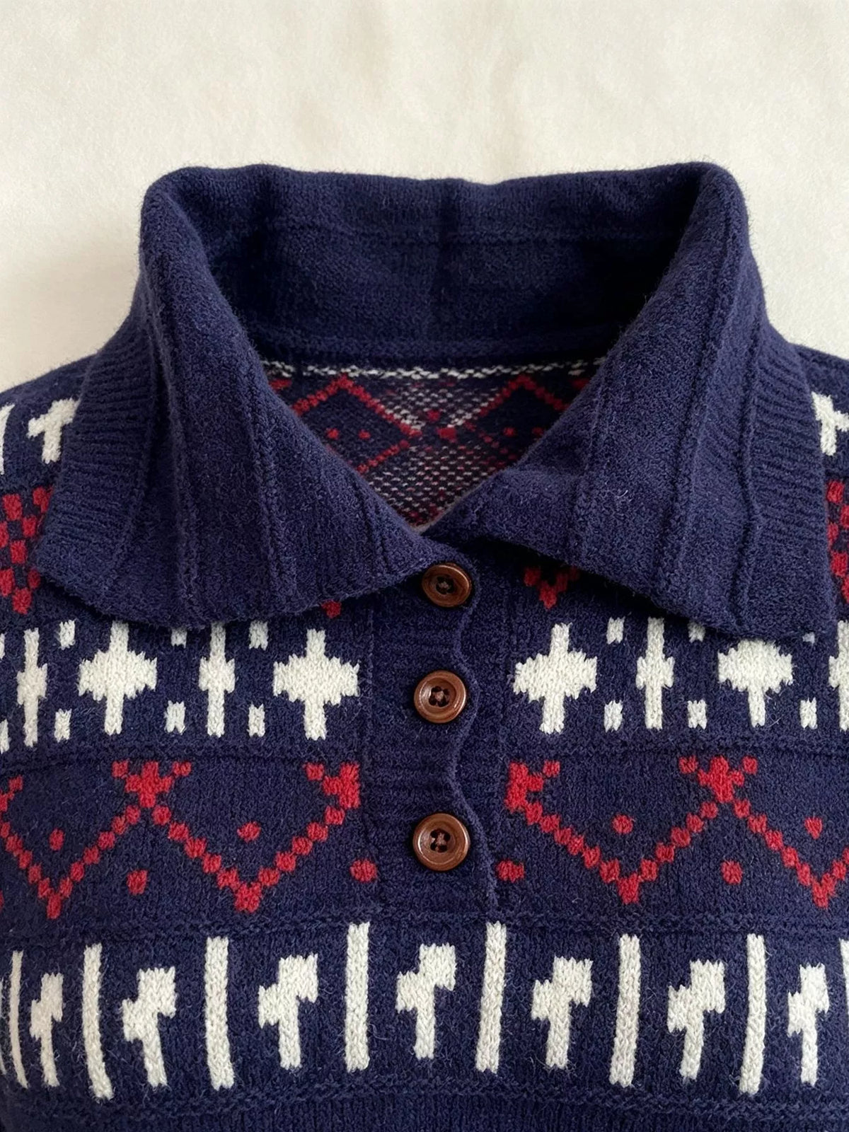 Vintage-Inspired Fair Isle Patterned Polo Sweater