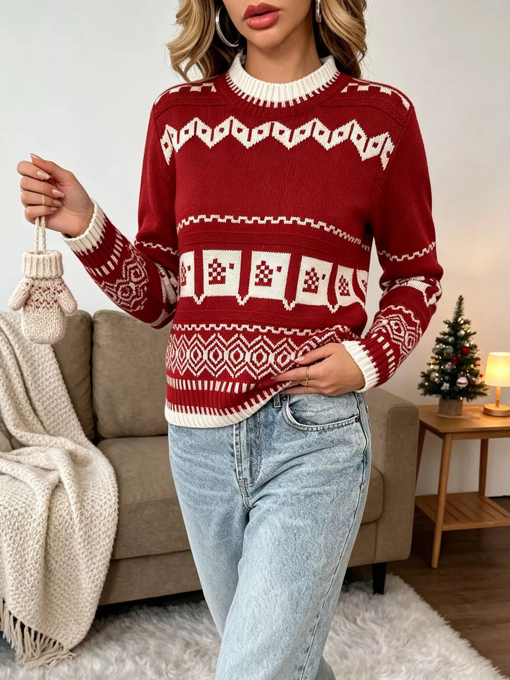 Christmas Festive Fair Isle Patterned Crew Neck Sweater
