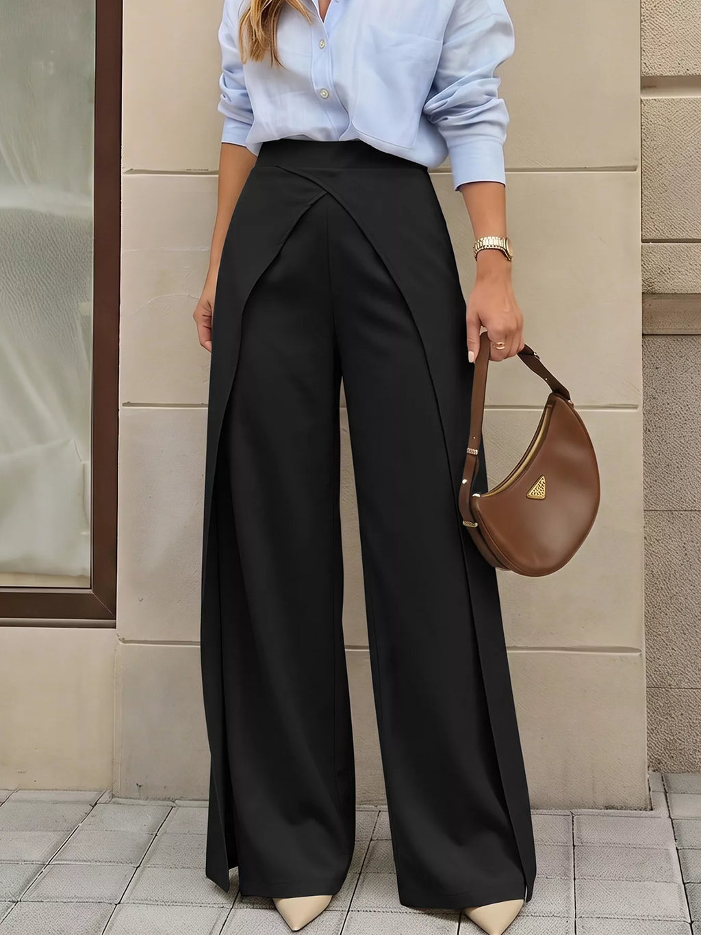 Wide-Leg Pants with Overlap Front Detail