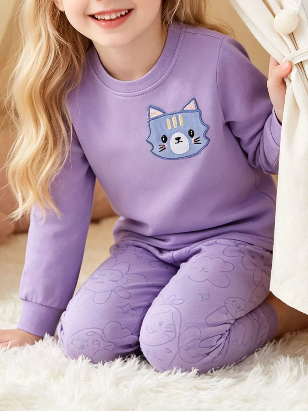 Children's Cat Round Neck Sweatshirt and Pants Set