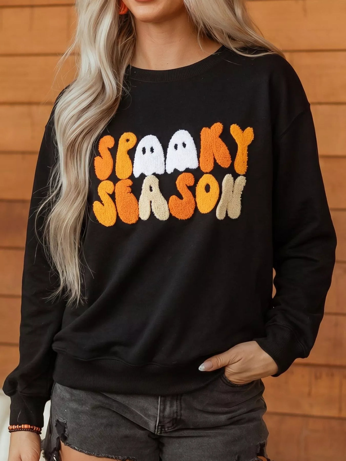 Embroidered Spooky Season Long Sleeve Round Neck Sweatshirt