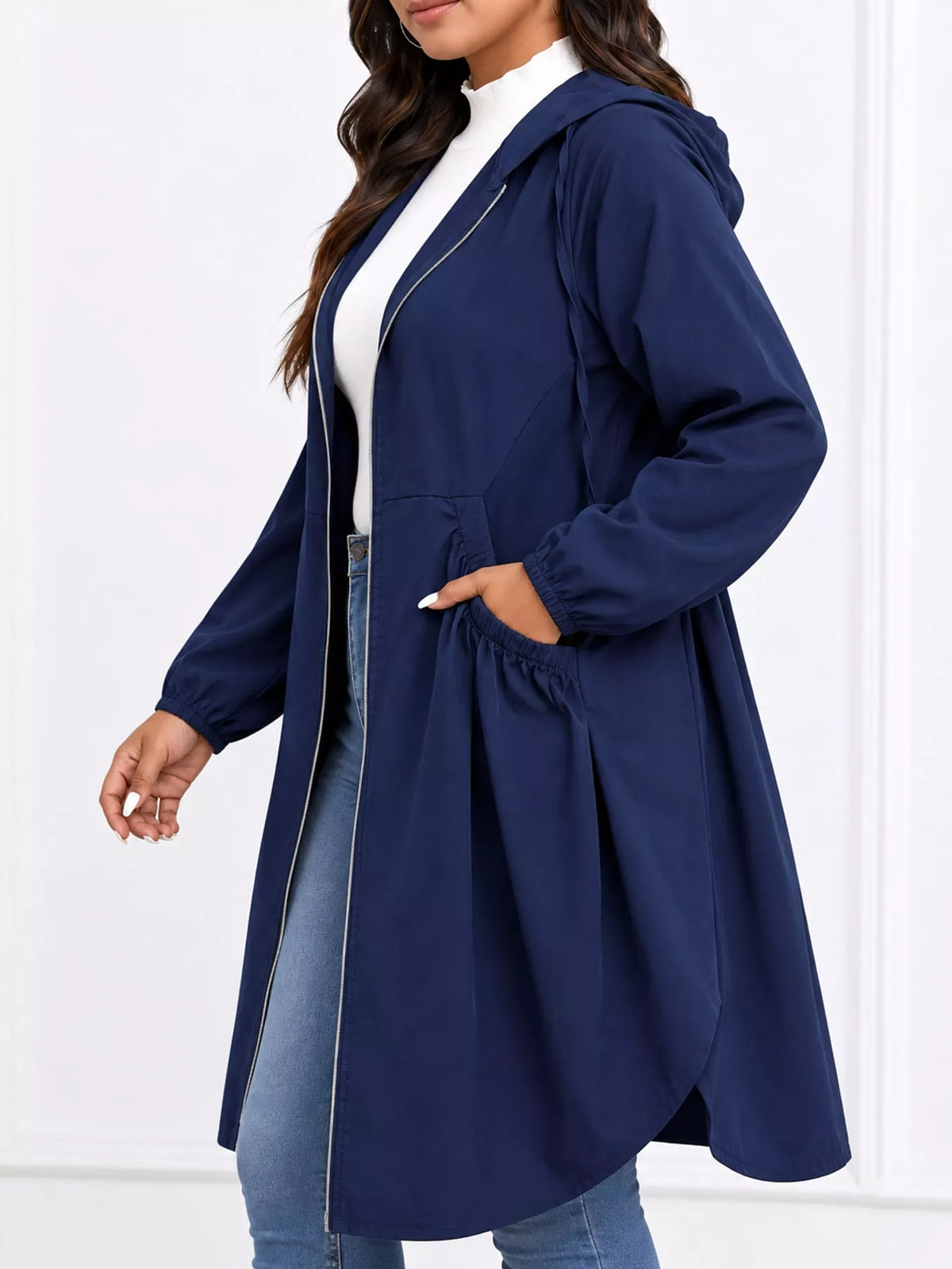 Plus Size Hooded Zip-Up Longline Windbreaker Outerwear