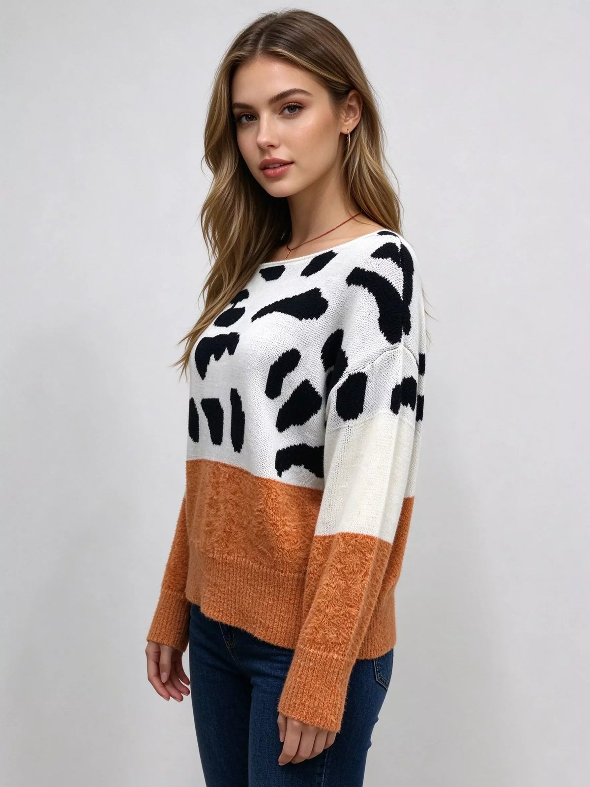 Full Size Off-Shoulder Colorblock Animal Print Sweater Plus Size