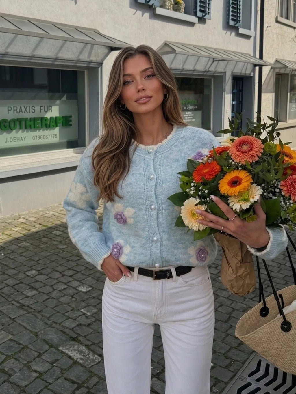 Floral Applique Button-Down Knit Cardigan