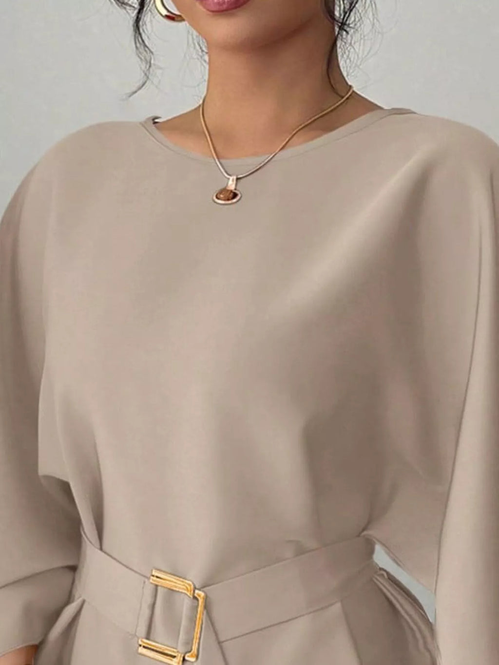 Round Neck Belt Batwing Sleeve Blouse